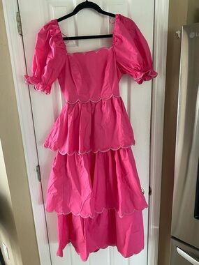 English Factory Bright Pink Tiered Puff-Sleeve Dress